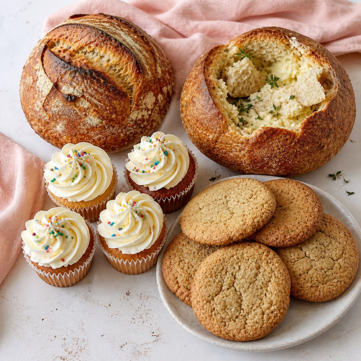 Fresh sourdough, cupcakes, cookies, and a bread bowl